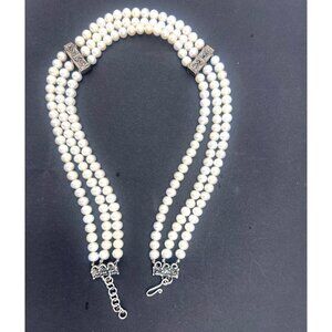 Vintage 3-Strand Glass Pearl Necklace Sterling Silver 925 Clasp Ornate Spacers